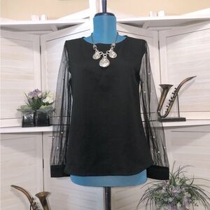 Shein pearl beaded sheer long sleeves black blouse top sz XS NWOT